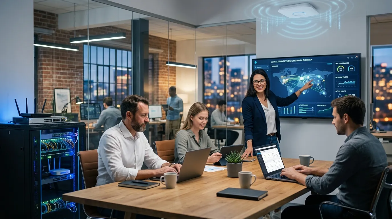 Equipe instalando cabeamento e infraestrutura de rede